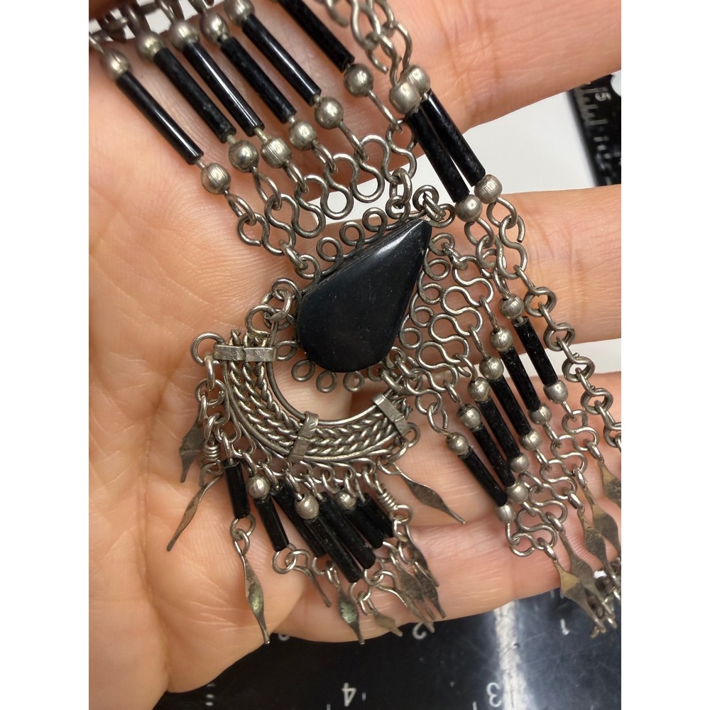 Southwestern Black Stone Silver Tone Bib Necklace and Earring Set Boho Fringe